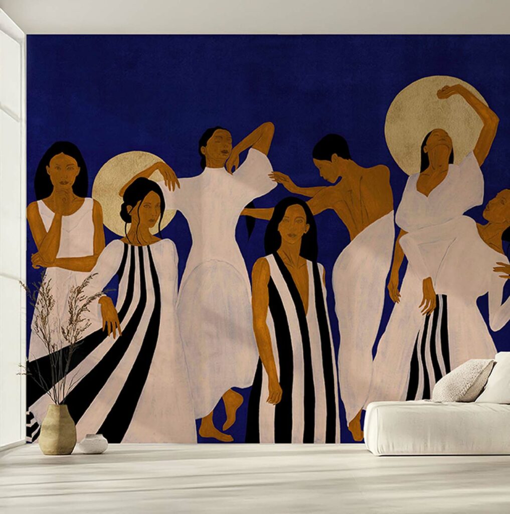 Papier peint panoramique La Danse peint à la main par Bleu Cobalt pour la collection Étoffe.com.